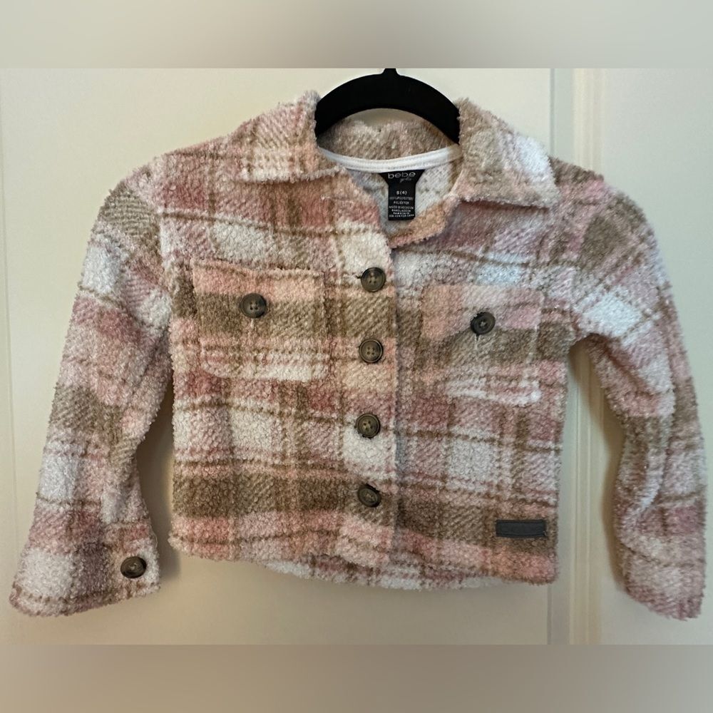 bebe Girls Button Up Collared Sherpa Shacket Pink Brown Girls Sz Small